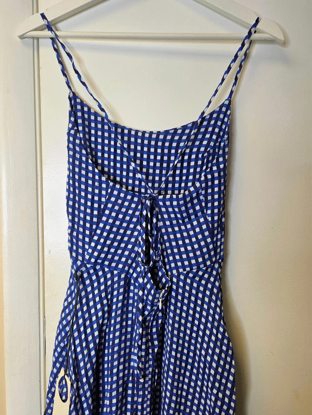 Privacy Please Blue Gingham Midi Dress Lace Up Back Pockets Medium